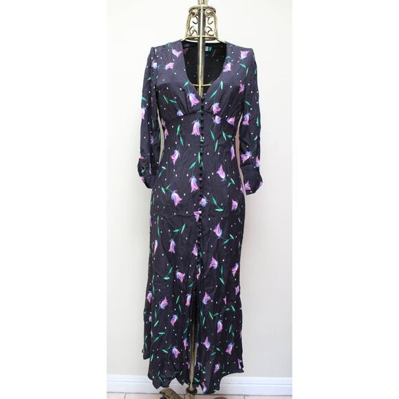 Rixo Katie Black Floral Tulip Long Sleeve Midi Button Down Dress Size Medium - Picture 3 of 7